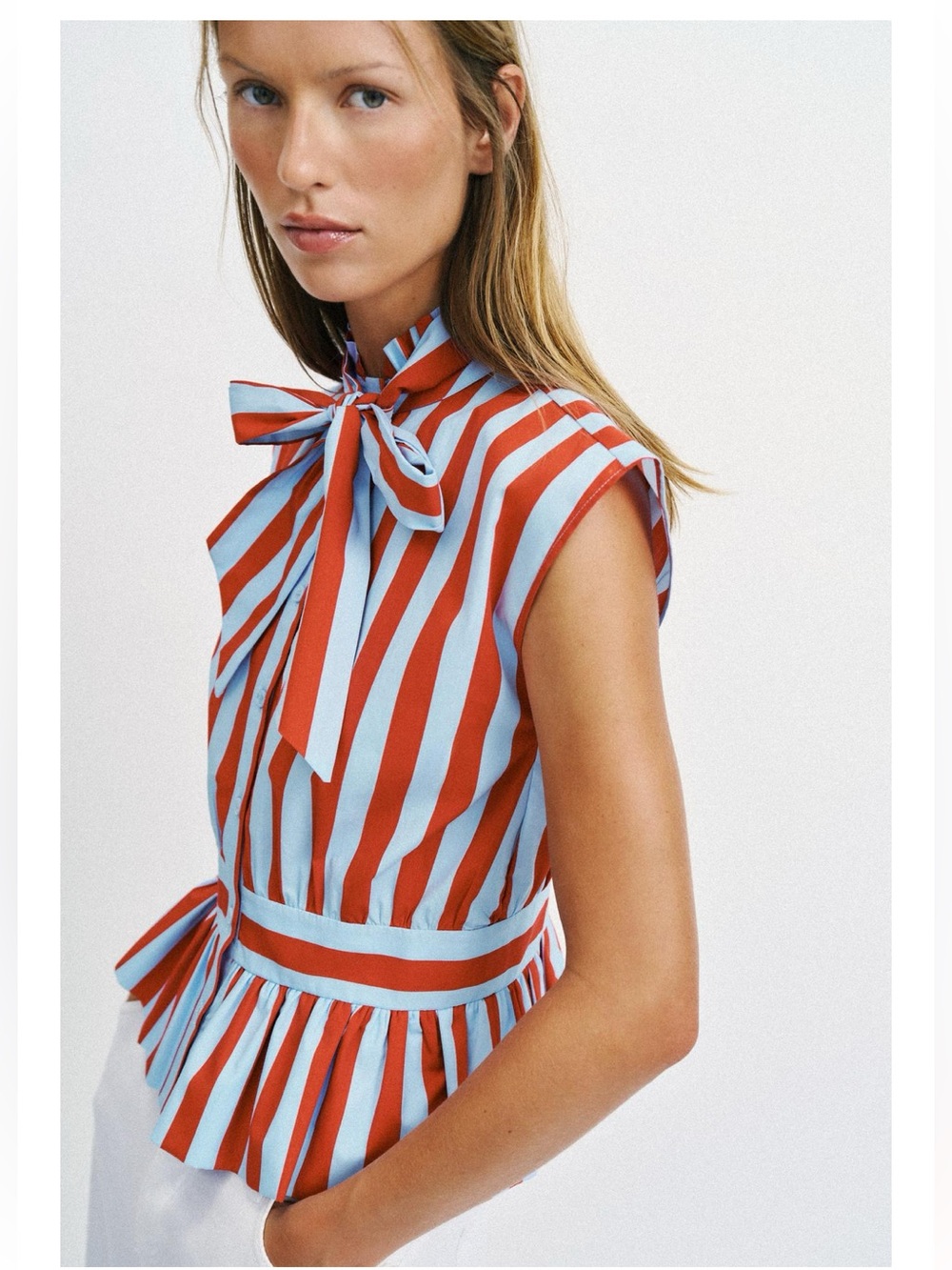 ZARA NEW WOMAN KNOTTED STRIPED BLOUSE RUFFLE REH RED BLUE - Picture 3 of 9